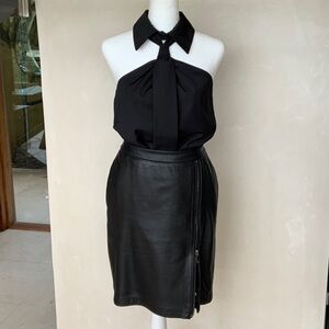 Boston Proper Black Leather Pencil Skirt Zippered Slit And Lace Underlay